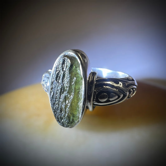 Moldavite silver ring, size 9 - S.