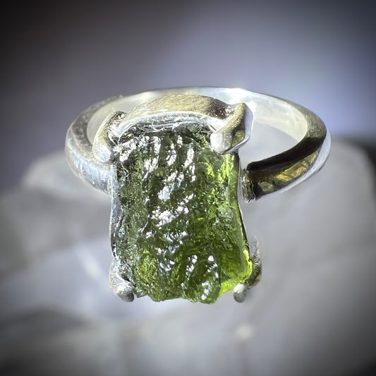 Moldavite silver ring, size 6 - N.