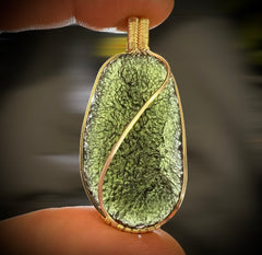 Statement piece Moldavite Pendant in 14k Gold.