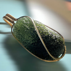 Statement piece Moldavite Pendant in 14k Gold.