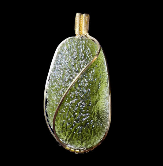Statement piece Moldavite Pendant in 14k Gold.