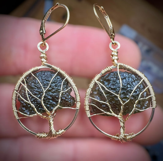 Tree of Tree Moldavite Earrings – 14k Gold