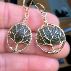 Tree of Life Moldavite Earrings – 14k Gold