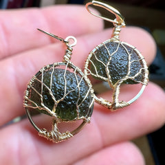 Tree of Life Moldavite Earrings – 14k Gold