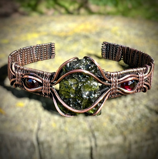 Moldavite & Copper Bracelet - Garnet Accents