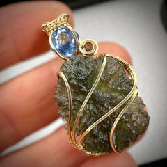 Moldavite/Gold pendant - Aquamarine & Smokey quartz accents.