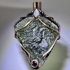 Unique 11.47g Moldavite & Copper Pendant with Moonstone and Smoky Quartz Accents Stones