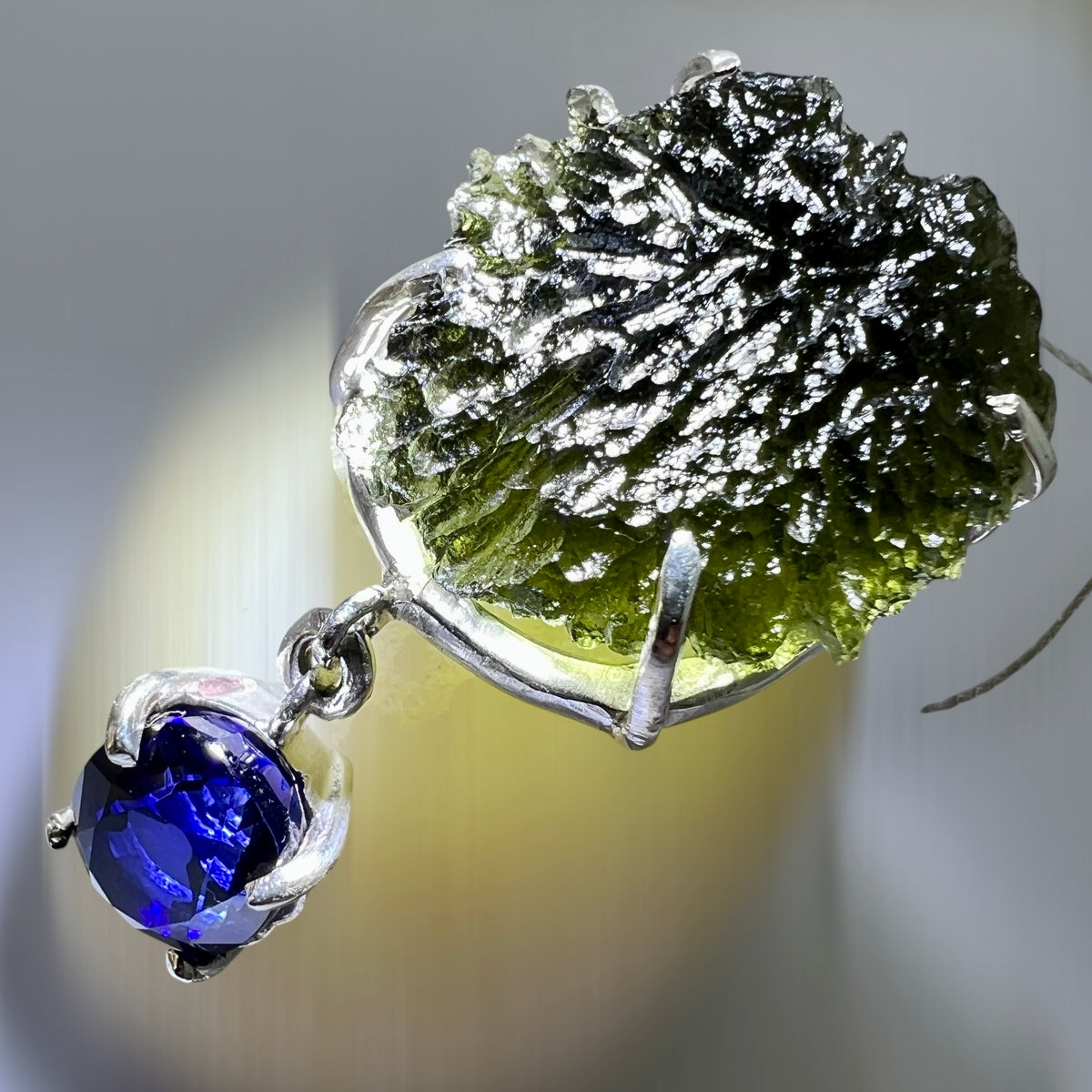 Exquisite Moldavite & Ceylon Sapphire Silver Necklace