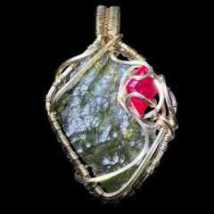 Spectacular Moldavite & Ruby Pendant – 14K Gold.