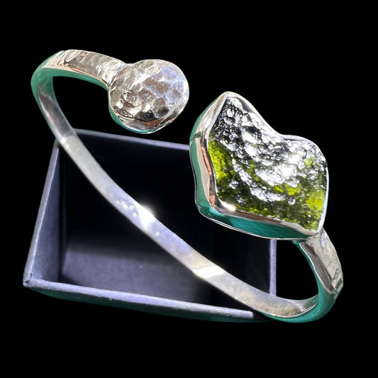 Wrought solid sterling silver Moldavite cuff bracelet