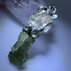 Triple Stone Harmony Pendant – Czech Garnet, Hyalite & Moldavite (Lead-Free Pewter)