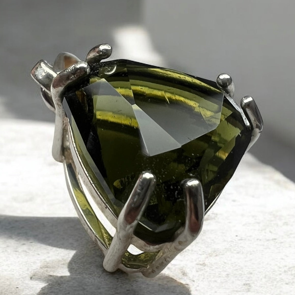 Faceted Triangle Cut Moldavite Silver Pendant, 5.96ct.