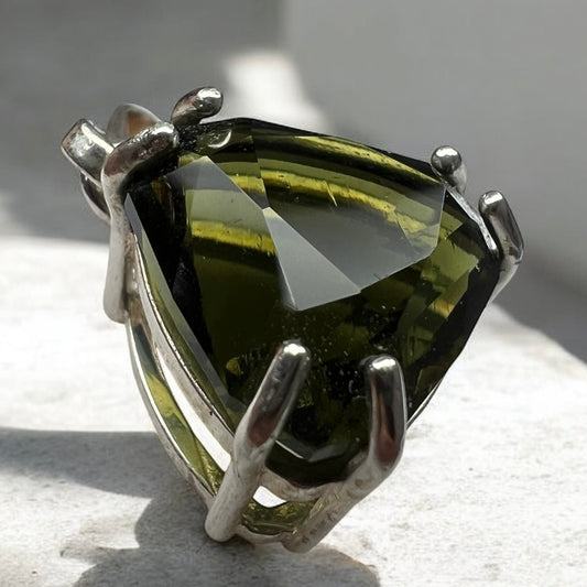 Faceted Triangle Cut Moldavite Silver Pendant, 5.96ct.