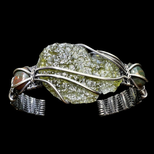 Moldavite/Bloodstone Silver Bracelet.