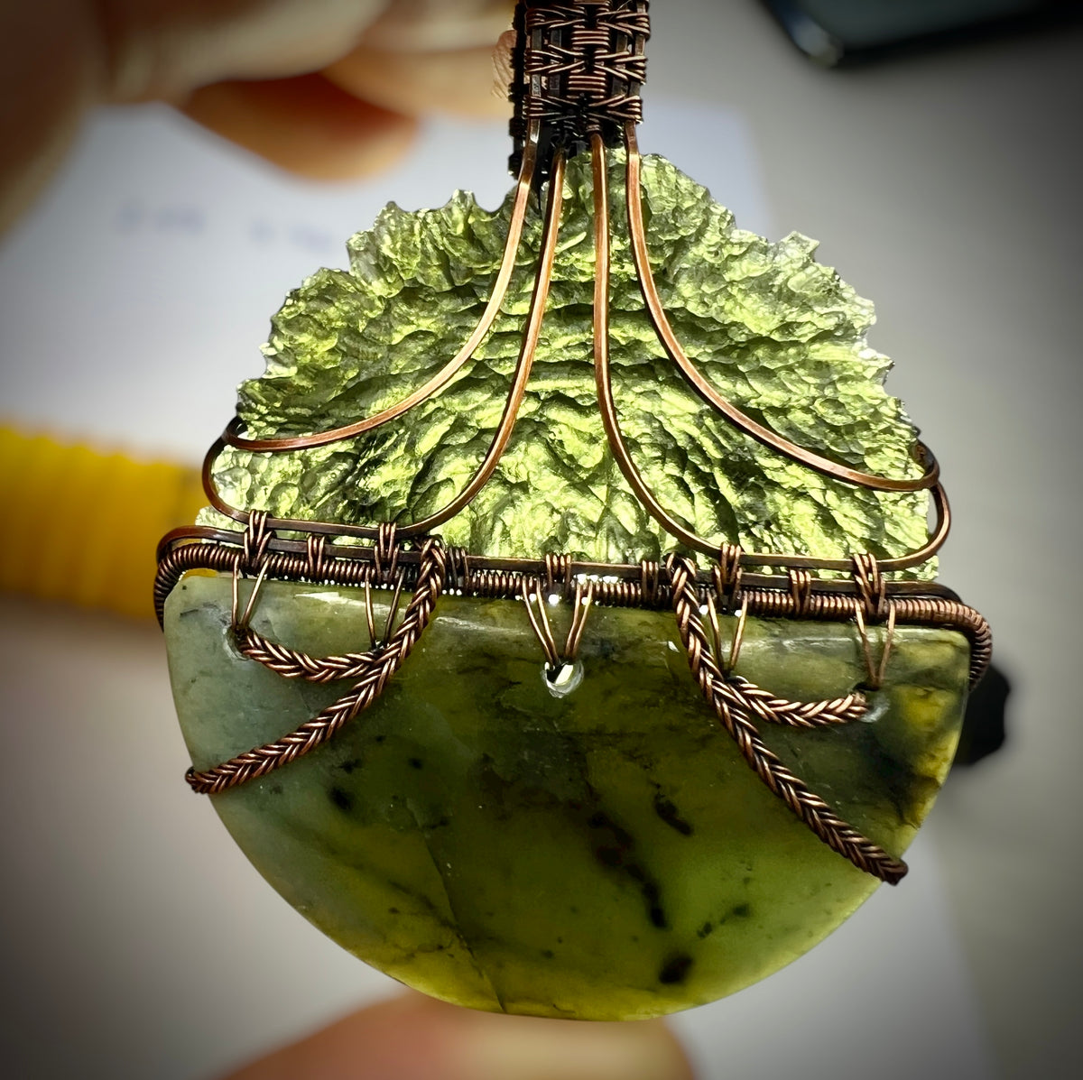 Heaven & Earth; Moldavite & Greenstone Statement piece pendant.