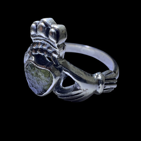 Claddagh Moldavite Silver Ring - Size 9
