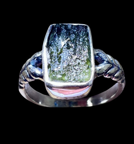Rectangular Knot Set Sterling Silver Moldavite Ring -  7 (O)