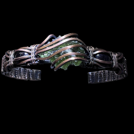 Moldavite Copper Bracelet with Garnet Accents - (S/M Adjustable)