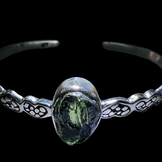 Heart Bezel Design Moldavite Silver Bracelet