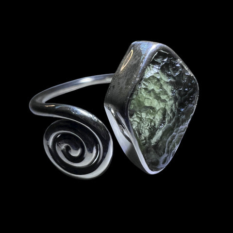 Spiral Sterling Silver Moldavite Ring -  9 (S) Open Size