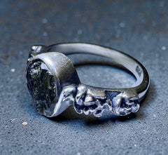 Oval with Florets Band Sterling Silver Moldavite Ring - 8 (Q)