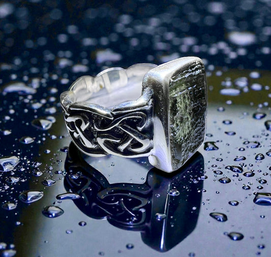 Celtic Thick Band Rectangular Silver Moldavite Ring - Size 8.5 (R)