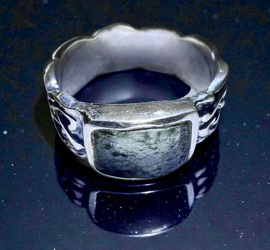 Celtic Thick Band Rectangular  Silver Moldavite Ring - Size 9 (S)