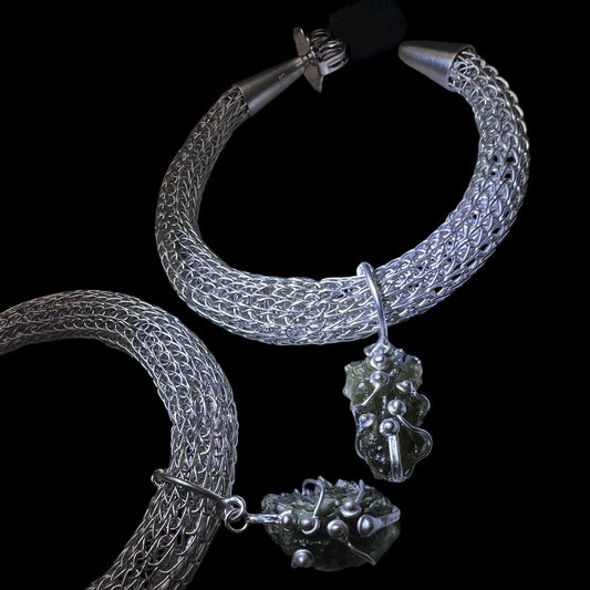 Woven Silver Moldavite Earrings 0.7 g and 0.8 g
