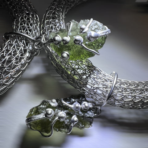 Woven Silver Moldavite Earrings & Necklace set