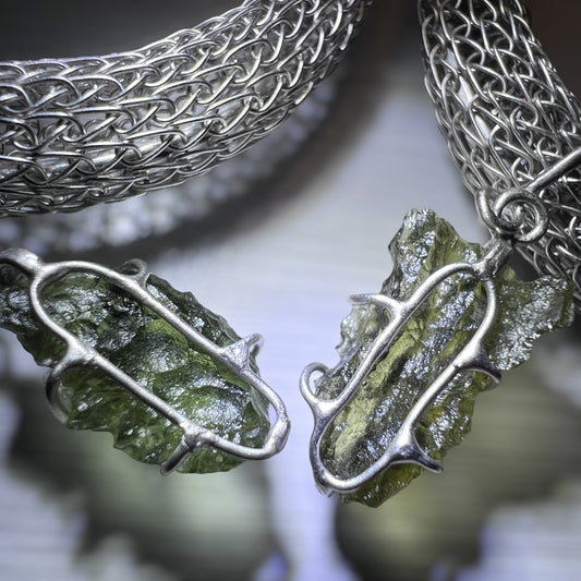 Woven Silver Moldavite Earrings 0.7 g and 0.8 g