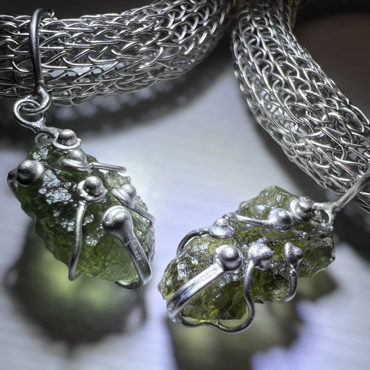 Woven Silver Moldavite Set - Earring, Bracelet, and Necklace