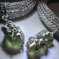 Woven Silver Moldavite Set - Earring, Bracelet, and Necklace