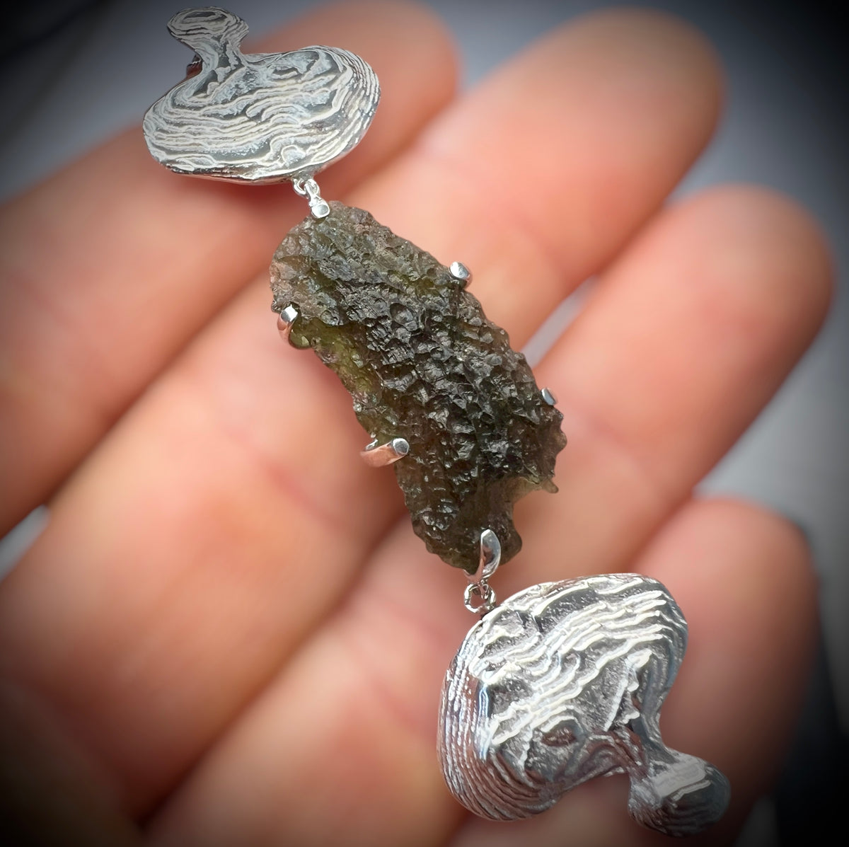 Dual Tail Design Silver Plated Moldavite Necklace