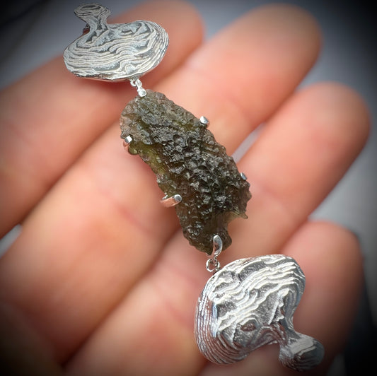 Dual Tail Design Silver Plated Moldavite Necklace