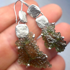 Twin Circle Silver Moldavite Dangle Earrings