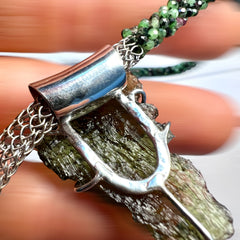 Exclusive Woven Silver Wire and Green Beaded Moldavite Necklace