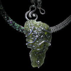 Exclusive Woven Silver Wire and Green Beaded Moldavite Necklace