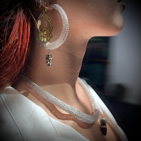 Woven Silver Moldavite Earrings & Necklace set