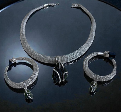 Woven Silver Moldavite Earrings & Necklace set
