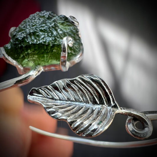 Moldavite "leaf" silver bracelet.