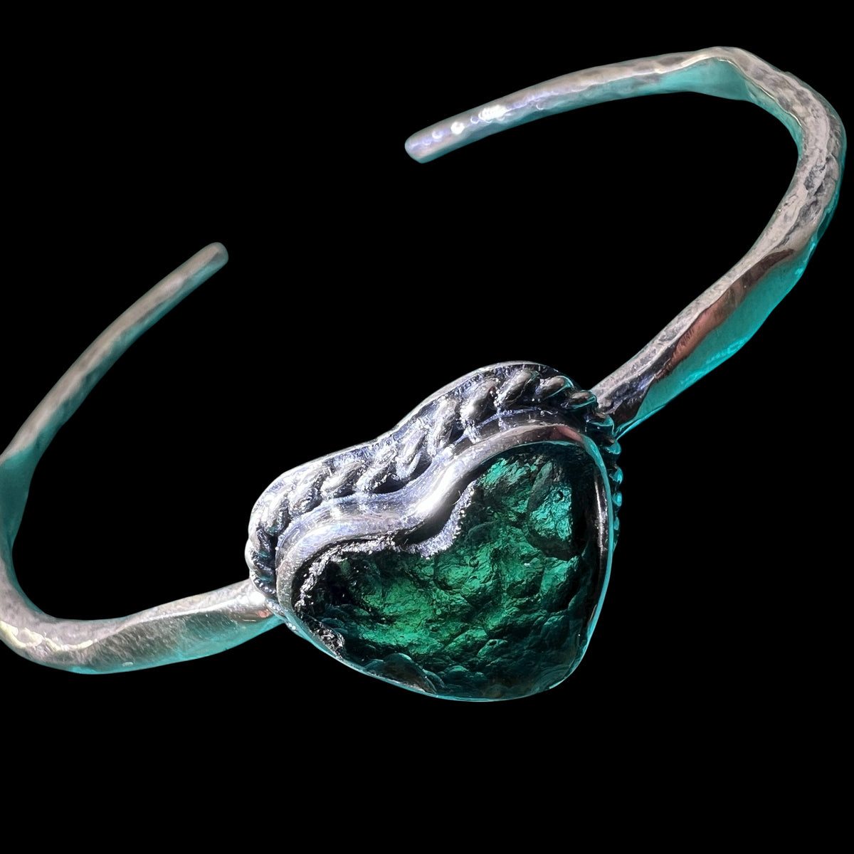 Moldavite Heart Silver Bracelet