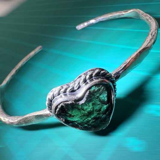 Moldavite Heart Silver Bracelet