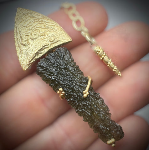 Leaf-Inspired Gold-Plated Moldavite Necklace (3.45g) — Chlum, Czech Republic