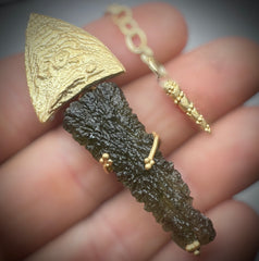 Leaf-Inspired Gold-Plated Moldavite Necklace (3.45g) — Chlum, Czech Republic