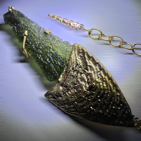 Leaf-Inspired Gold-Plated Moldavite Necklace (3.45g) — Chlum, Czech Republic
