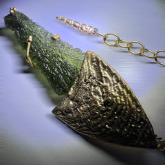 Leaf-Inspired Gold-Plated Moldavite Necklace (3.45g) — Chlum, Czech Republic