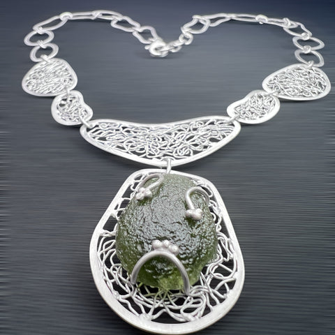 Ornate Moldavite Necklace - Rhodium plated Sterling silver.