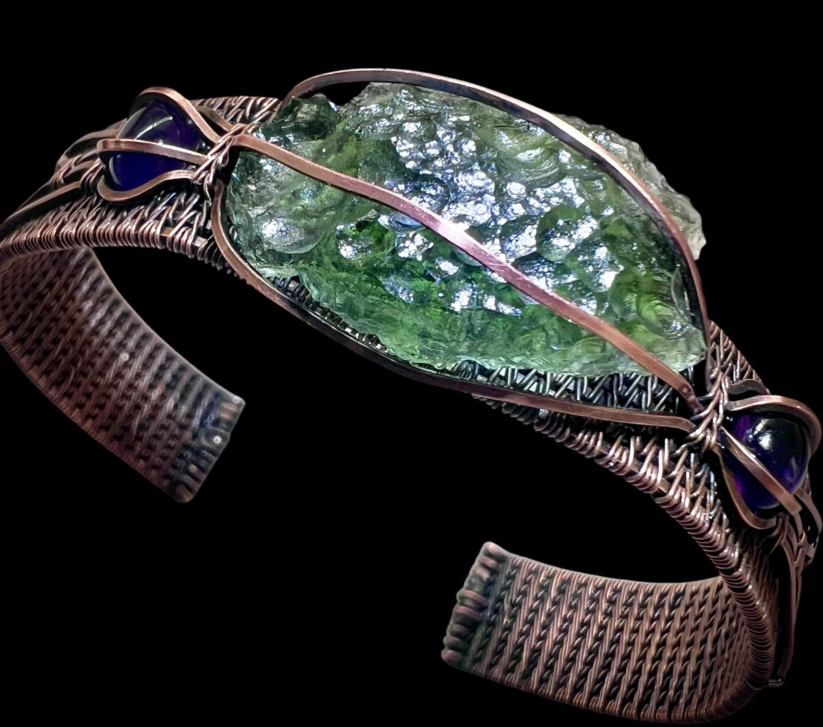 Moldavite & Amethyst Copper Bracelet