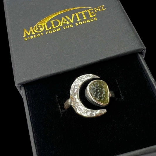 Crescent Moon Sterling Silver Moldavite Ring -  4 (S) Open