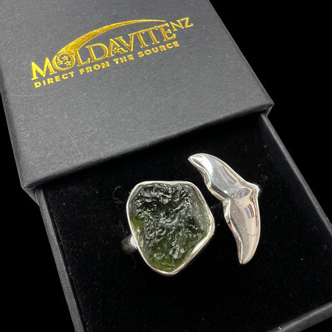 Custom Whale's Tail Design Silver Moldavite Ring - Open Size 12.5 (Y)